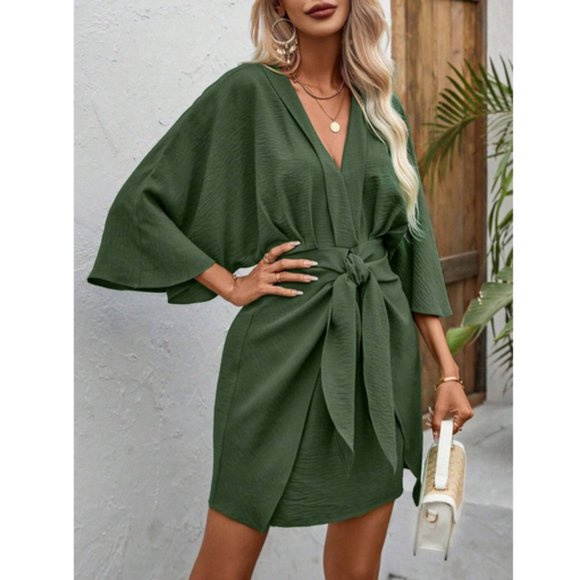 Green Batwing Sleeve Knot Front Mini Dress - Picture 2 of 5